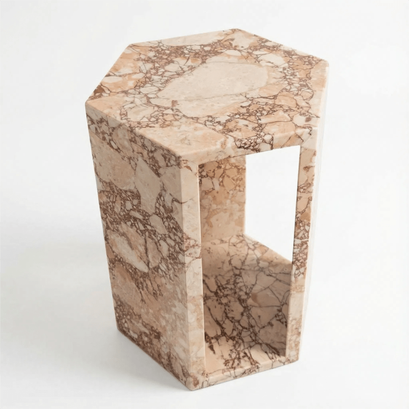 Luxury Natural Pink Marble Side Table with Hexagon Geometric Stone Pedestal Base - Modern Polished Marble Top Accent Table Suitable for Living Room, Bedroom, Small Spaces, Compact Furniture, No Assembly Required,