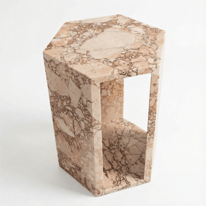 Luxury Natural Pink Marble Side Table with Hexagon Geometric Stone Pedestal Base - Modern Polished Marble Top Accent Table Suitable for Living Room, Bedroom, Small Spaces, Compact Furniture, No Assembly Required,