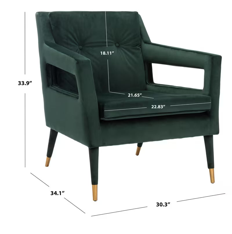 Mara Tufted Accent Chair with Gold-Tone Leg Caps — forest green chair dimensions diagram