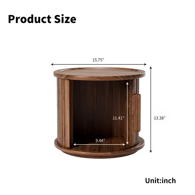 Dimension diagram of a round fluted brown storage table with its sliding door open