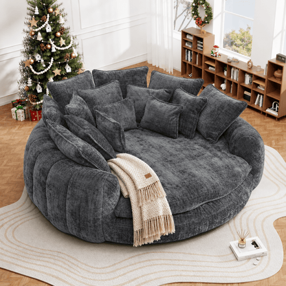 Oversized Round Chenille Lounge Sofa — dark grey upholstery option.