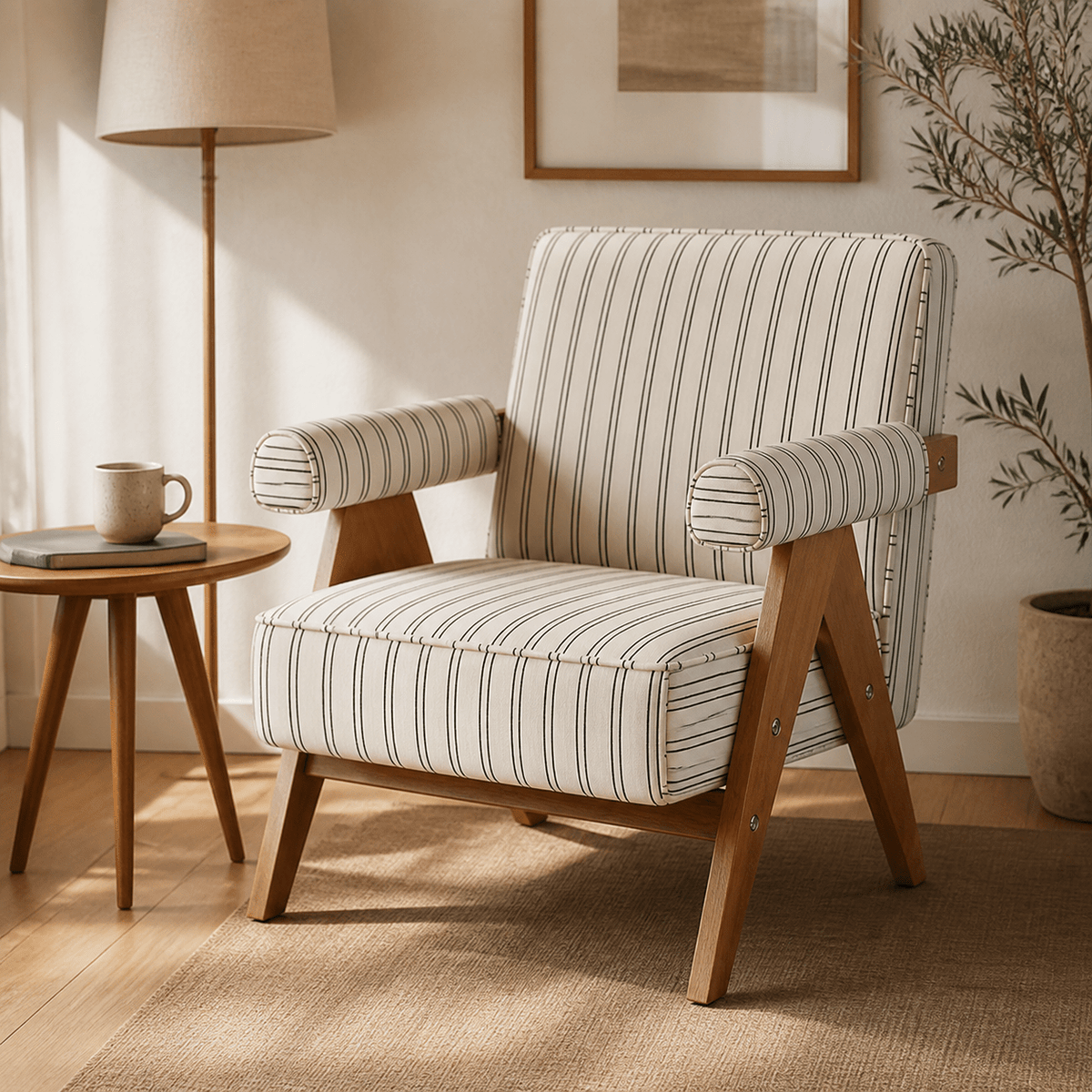 Patterned Accent Chair with Rubberwood Frame — three-quarter view of the white striped chair