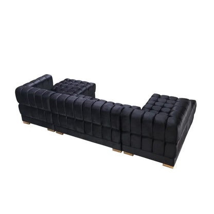 Black Velvet U Shaped Three Piece Sofa and Chaise Sectional With Toss Pillows - 643884