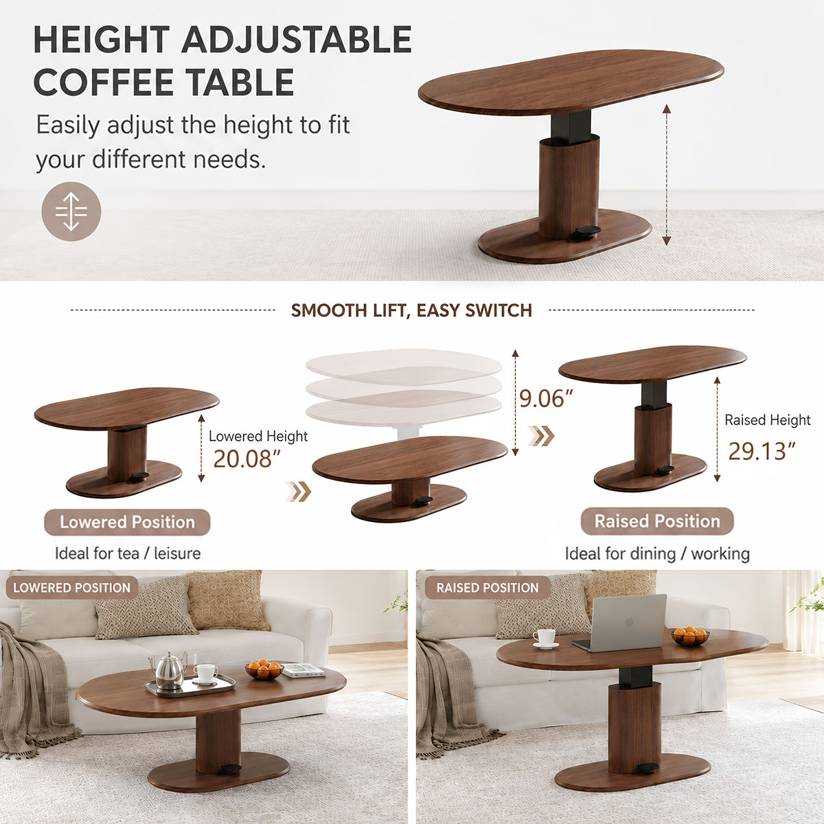 Oval Walnut-Look Height-Adjustable Coffee Table