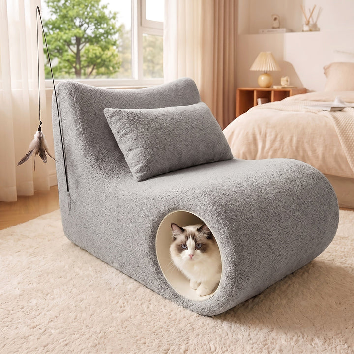 Human and cat bouclé lounge chair in grey