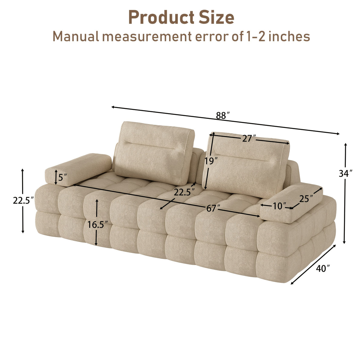 88-Inch Chenille Modular Cloud Loveseat — overall and seat dimensions diagram