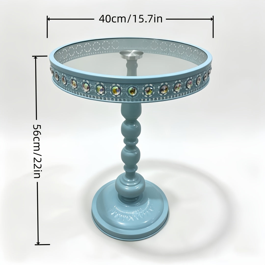 Dimension diagram of the light blue glass-top side table.