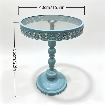 Dimension diagram of the light blue glass-top side table.