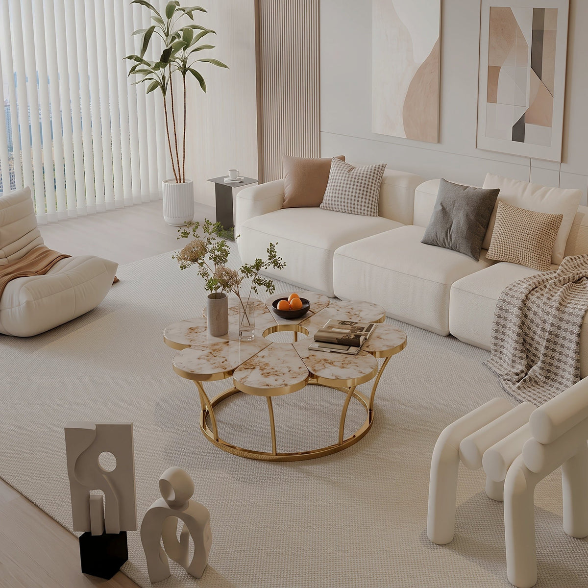 Angled view of a flower-shaped coffee table with a veined top and gold-tone frame