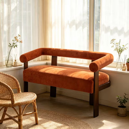 Rust Upholstered Loveseat with Wood Frame — loveseat beside a window.