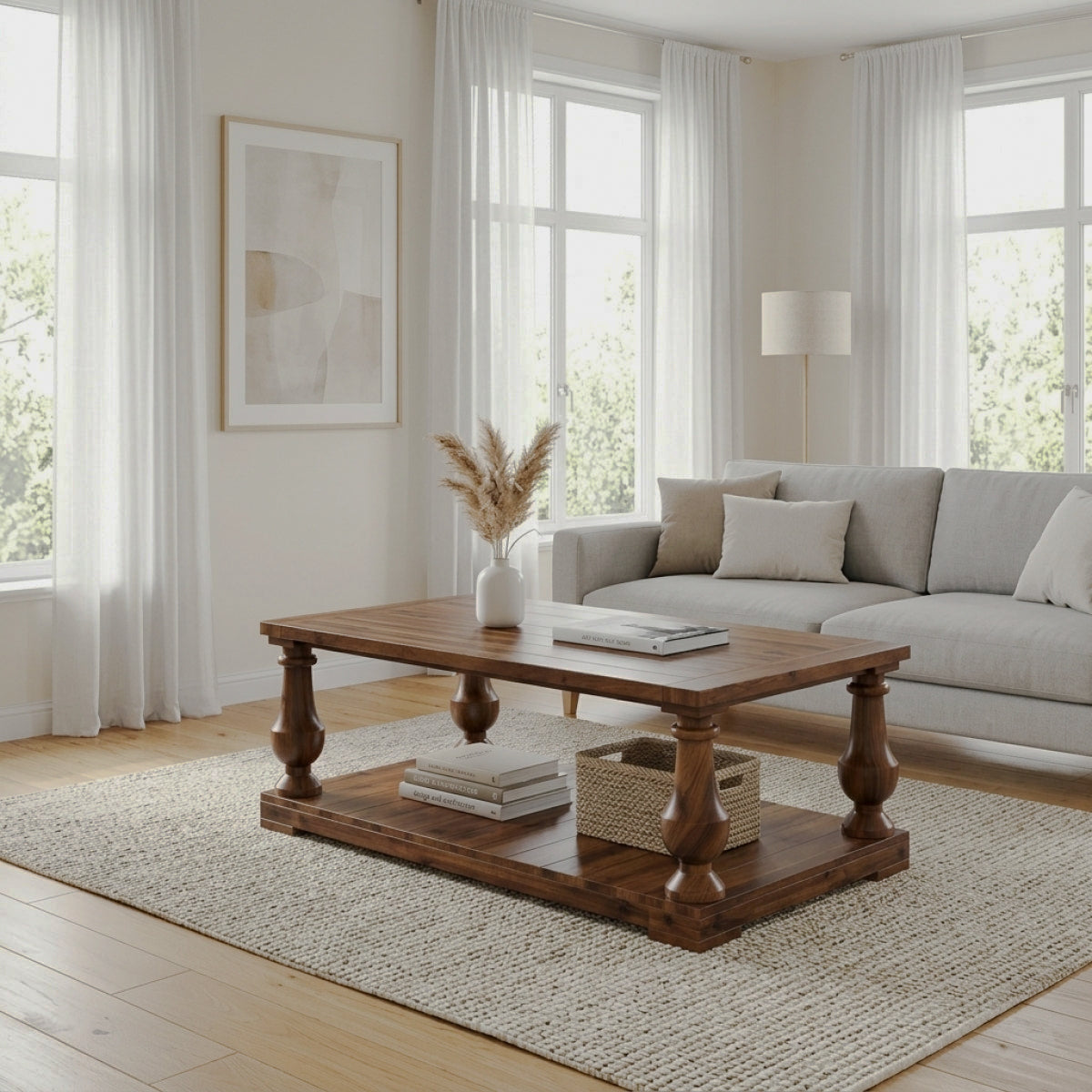 Two-tier turned-leg coffee table in a bright living room