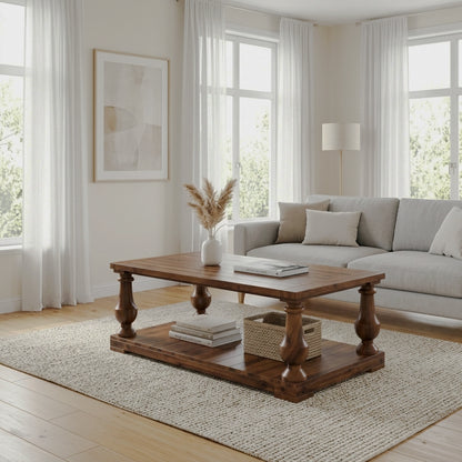 Two-tier turned-leg coffee table in a bright living room