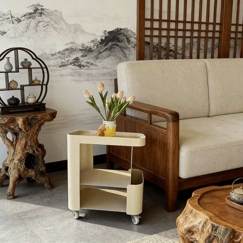 Cream metal rolling side table with open storage beside an armchair