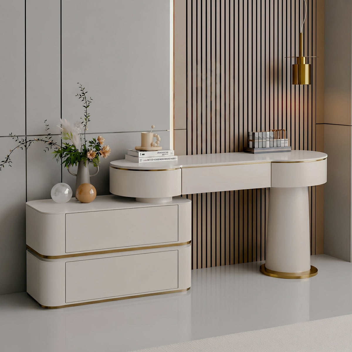 Cream Vanity with Drawers & Marble-Look Top