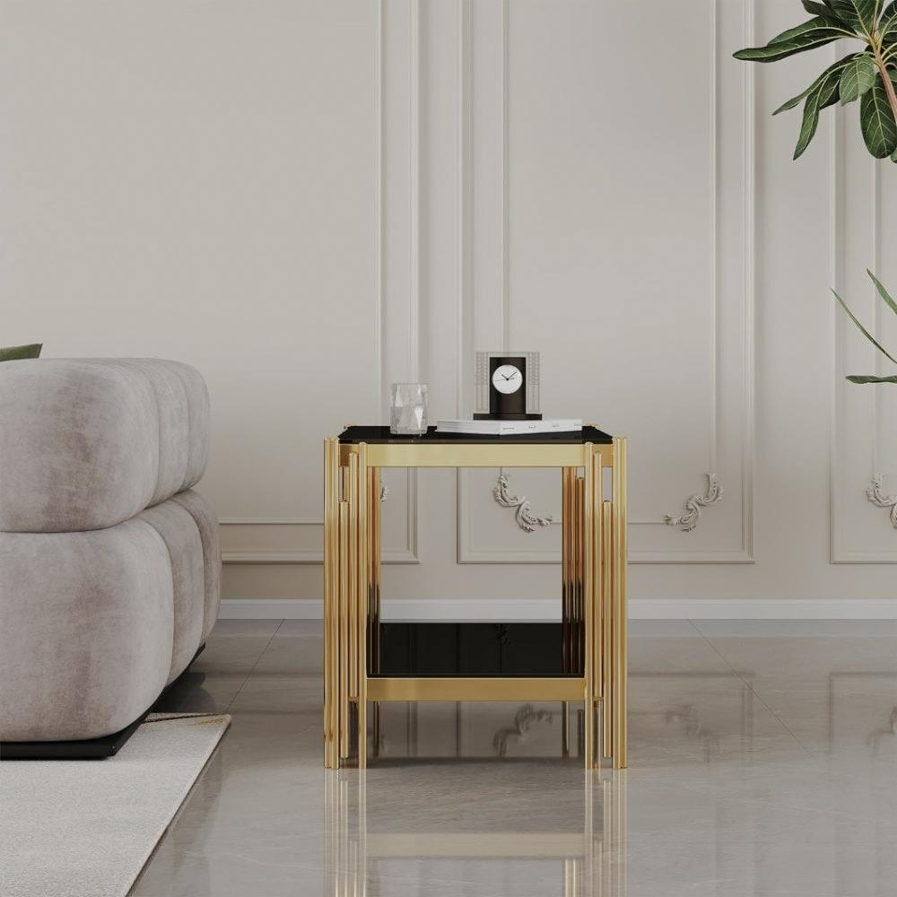 Square Two-Tier Glass End Table with Metal Frame