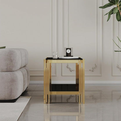 Square Two-Tier Glass End Table with Metal Frame