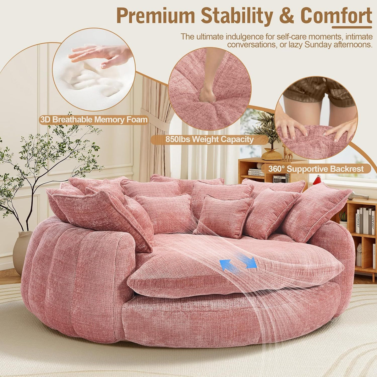 Oversized Round Chenille Lounge Sofa — pink foam and backrest detail panel.