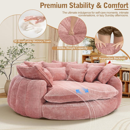 Oversized Round Chenille Lounge Sofa — pink foam and backrest detail panel.