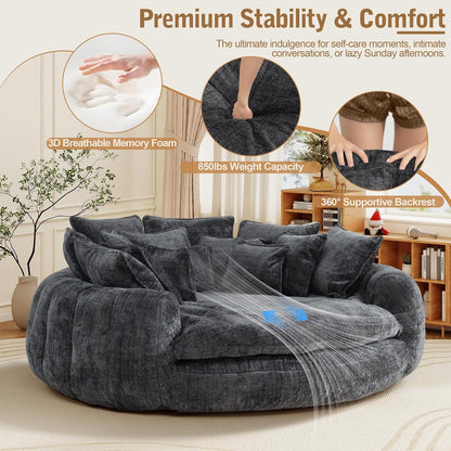 Oversized Round Chenille Lounge Sofa — dark grey foam and backrest detail panel.
