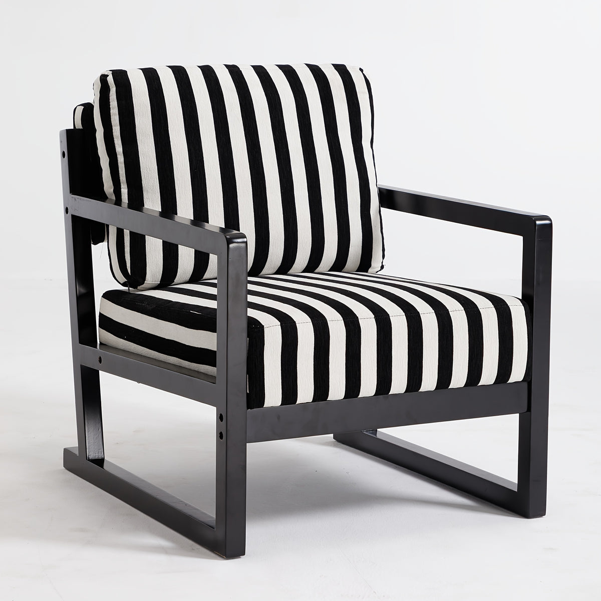 Black and White Striped Wood-Frame Lounge Chair — front three-quarter view on a pale background
