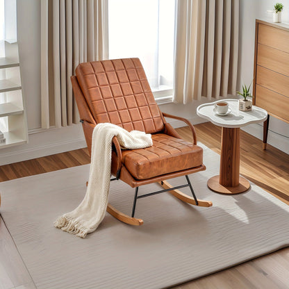 Brown high back grid stitched rocking chair with wood runners and a black metal support frame