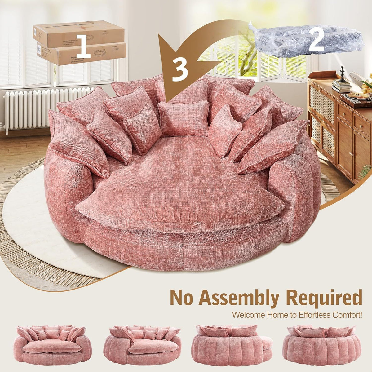 Oversized Round Chenille Lounge Sofa — pink sofa unpacking and shape recovery.