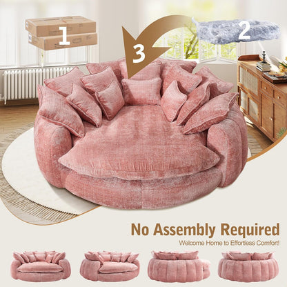 Oversized Round Chenille Lounge Sofa — pink sofa unpacking and shape recovery.