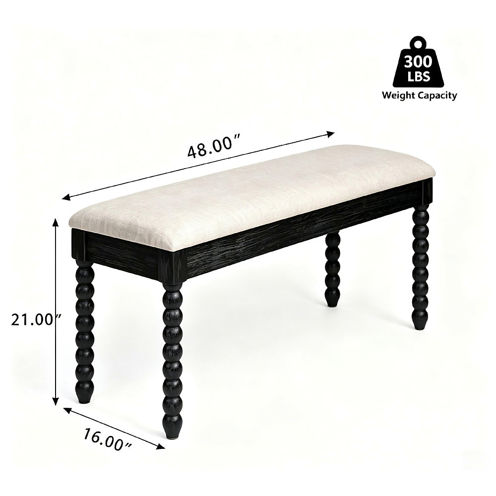 Dimension diagram of black spindle-leg storage bench
