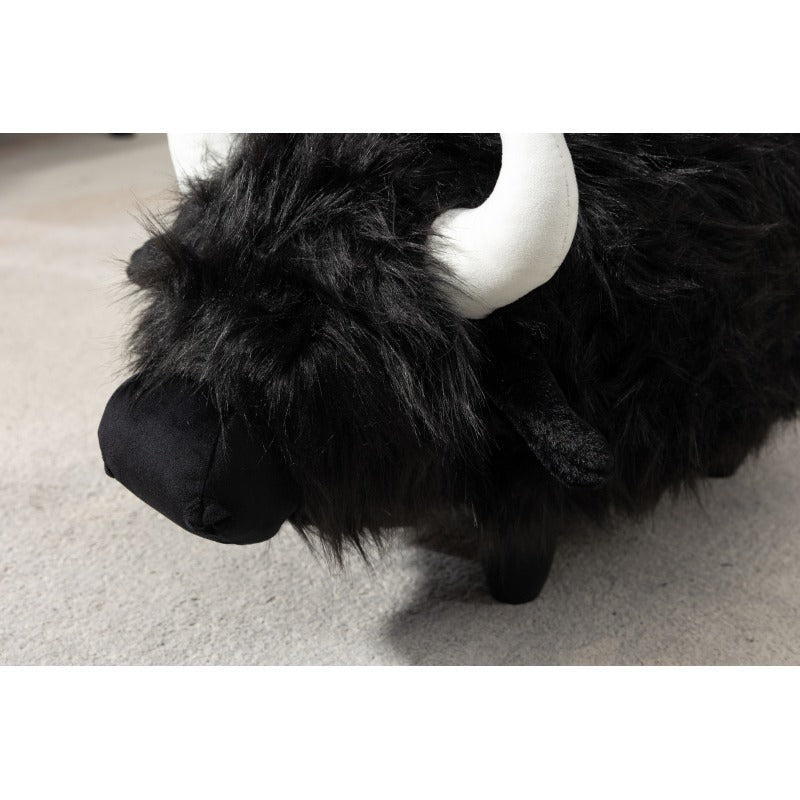 Harry Black Buffalo Storage Ottoman — head and white horn close-up