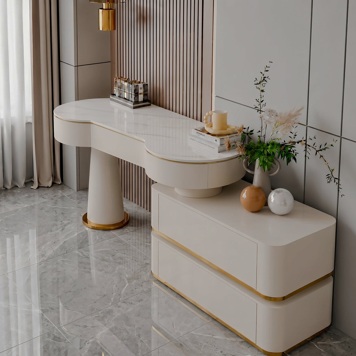 Cream Vanity with Drawers & Marble-Look Top