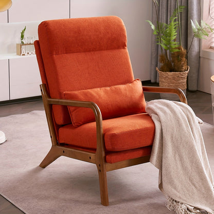 Burnt orange linen high back upholstered lounge chair with a warm wood frame