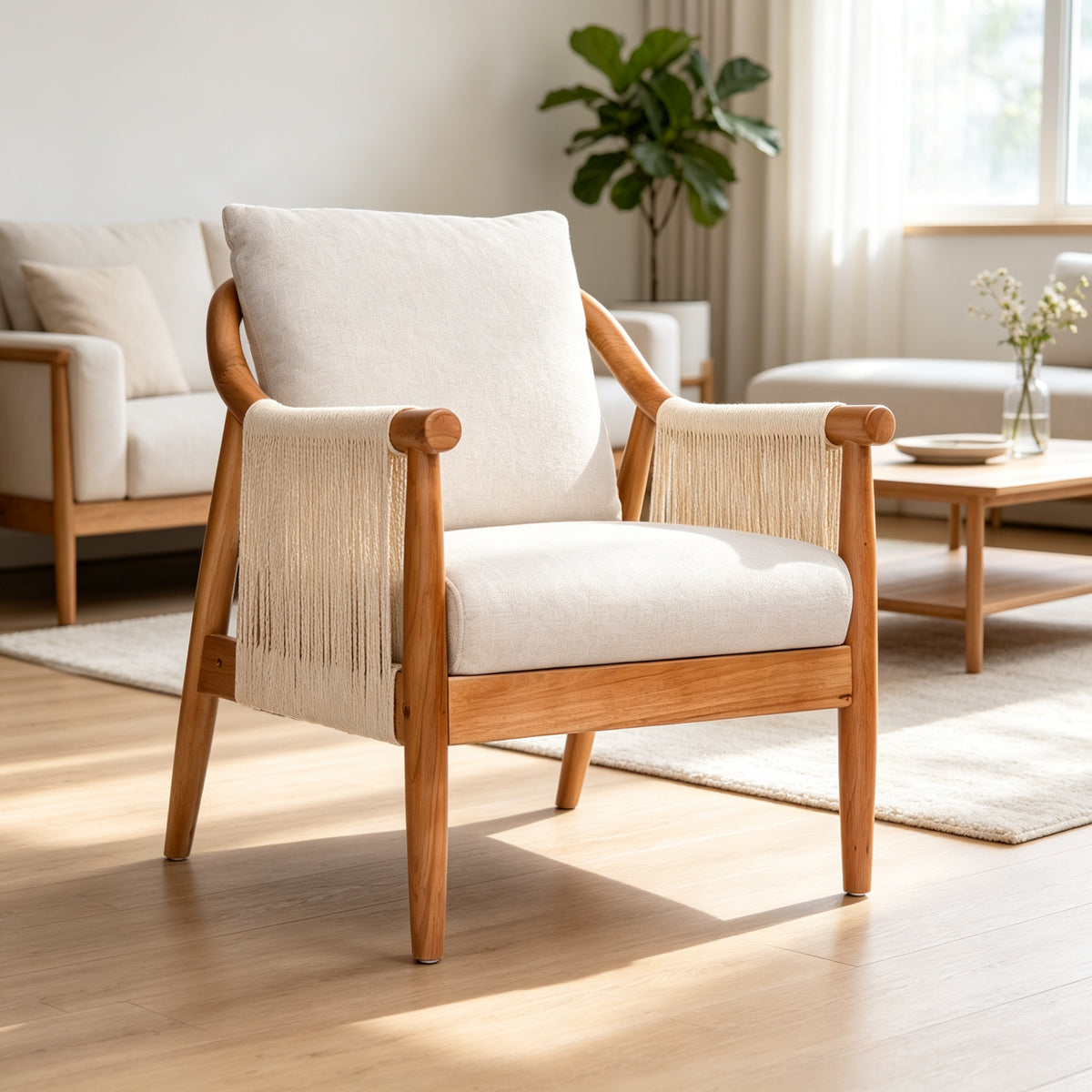 Wood-Frame Accent Chair with Woven Paper-Rope Arms — cream cushions and woven rope arms in a bright living room