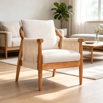 Wood-Frame Accent Chair with Woven Paper-Rope Arms — cream cushions and woven rope arms in a bright living room