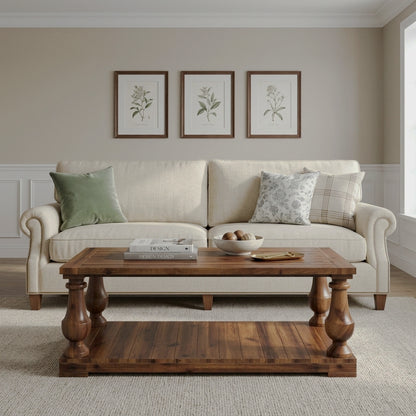 Two-tier walnut-finish coffee table with books on its lower shelf in a living room