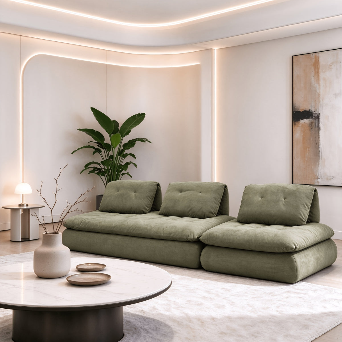 Three-seat straight configuration of the olive green modular floor sofa