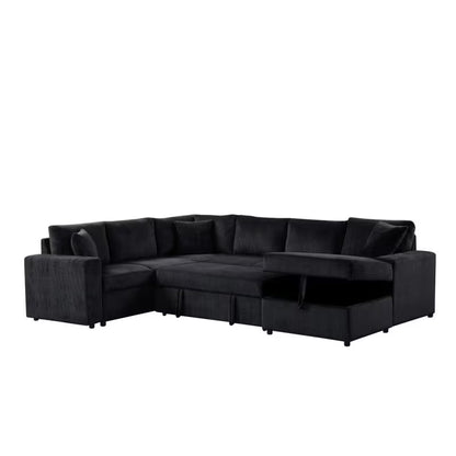 Rinaldo Black Corduroy Sleeper Sectional — right chaise storage compartment open.