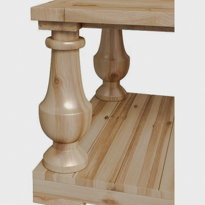 Close-up of the natural-finish coffee table's turned wood legs and planked shelf