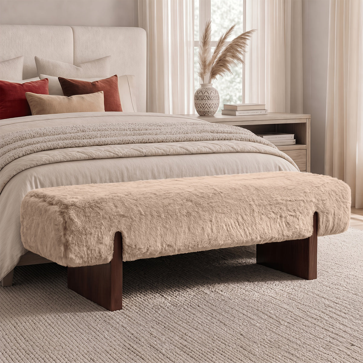 Faux Fur Upholstered Bench with Wood Legs — beige bench at the foot of a bed.