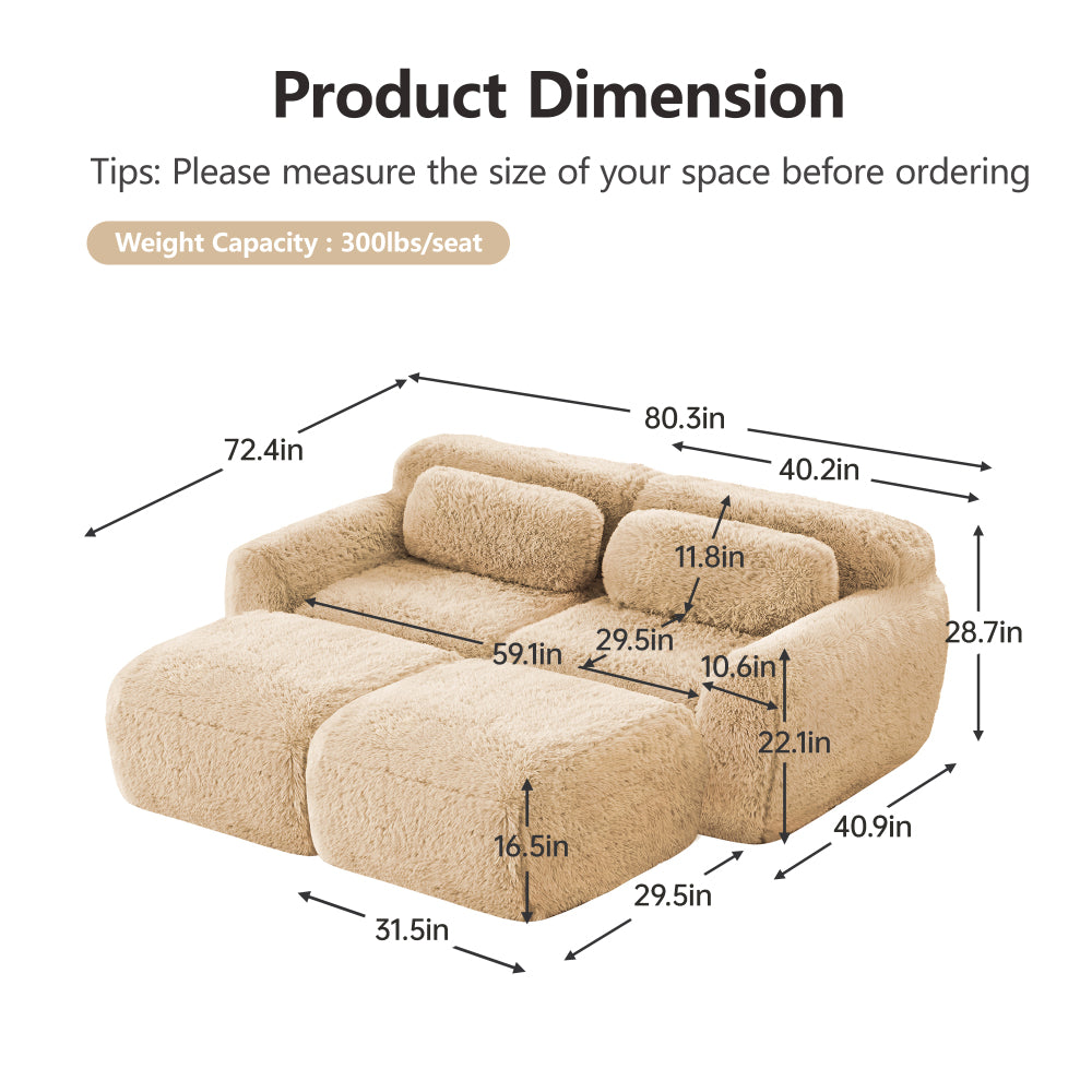 80-Inch Plush Deep-Seat Sofa with Footrests — overall arrangement and seat dimensions diagram