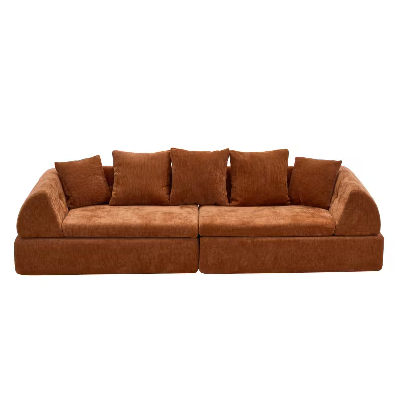 Isolated front view of the two-section orange sofa