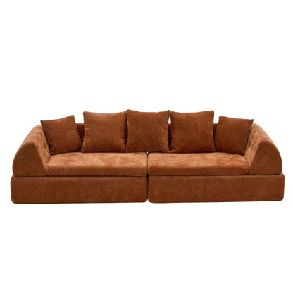 Isolated front view of the two-section orange sofa