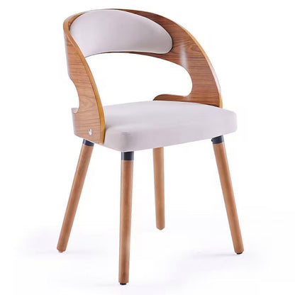 White upholstered dining chair with a curved brown wood look back