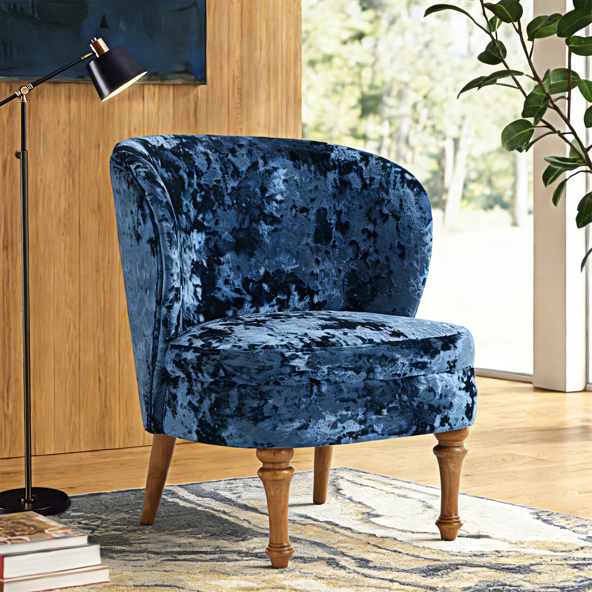 Crushed Velvet Accent Chair with Wood Legs — blue chair in a styled room.