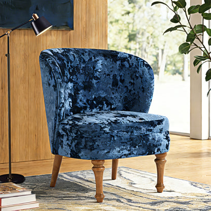 Crushed Velvet Accent Chair with Wood Legs — blue chair in a styled room.