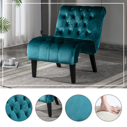 Button-Tufted Velvet Armless Accent Chair — teal tufting, legs and fabric detail collage