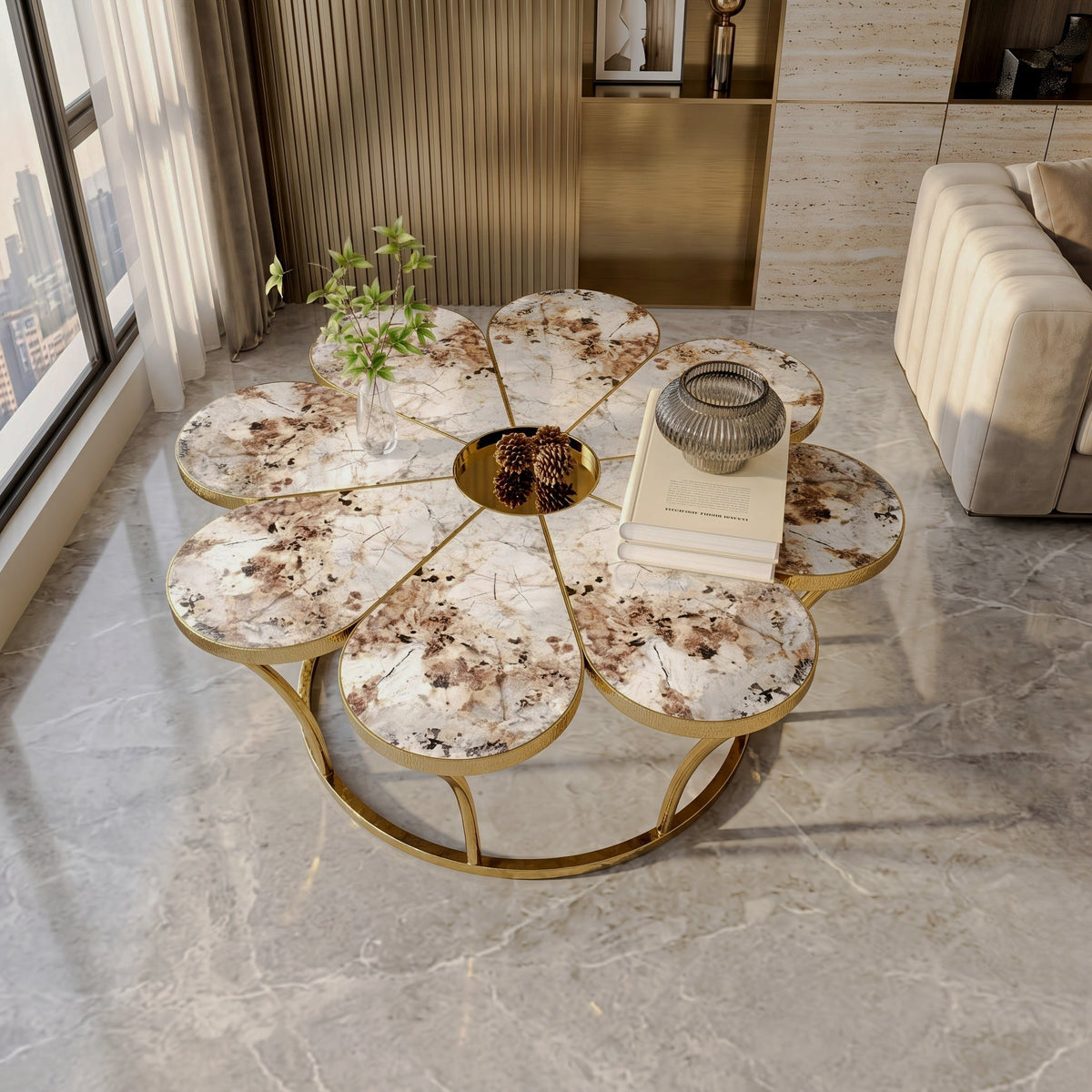 Flower-shaped coffee table with a veined top and gold-tone frame in a living room
