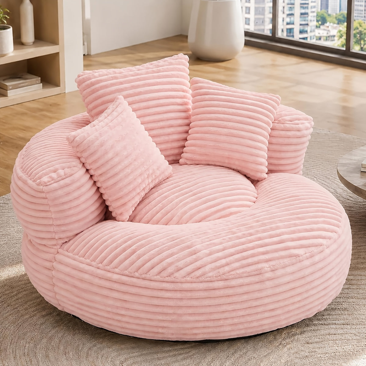 Round Corduroy Bean Bag Chair with Three Pillows — pink front three-quarter view