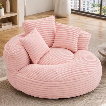 Round Corduroy Bean Bag Chair with Three Pillows — pink front three-quarter view