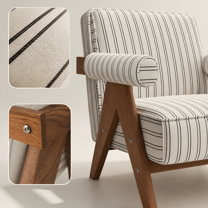 Patterned Accent Chair with Rubberwood Frame — white striped fabric and wood arm details