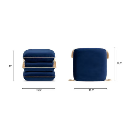 Ottoman front and top dimension diagram showing 19.5-inch sides and 18-inch height